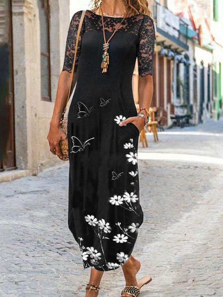 

Boho Floral Crew Neck Loosen Cotton Blends Floral Butterfly Long sleeve Knit Dress, Black, Maxi Dresses