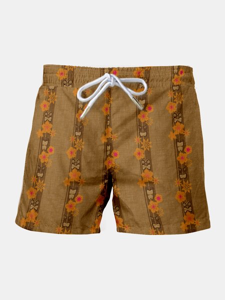 

Resort-Inspired Hawaiian Collection Of Geometric Stripes And Floral Elements Drawstring Short Side Pocket Print Beach Shorts, As picture, Men's shorts