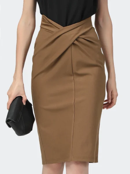 

Elegant Solid Slim Fit Solid Cross Skirt, Brown, Midi Skirts