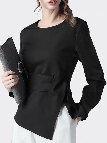 

Crew Neck Elegant Solid Simple Top, Black, Blouses and Shirts