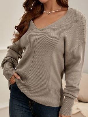 

Cotton Blends V Neck Casual Sweater, Khaki, Sweatshirts & Hoodies