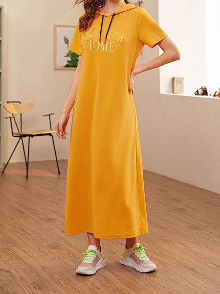

Casual short-sleeved hooded dress stand alone fashion loose straight long sweater dress, Yellow, Casual Dresses