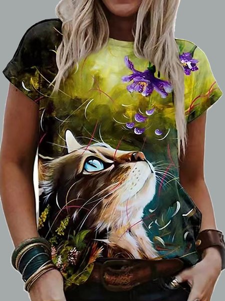 Loosen Casual Cat Printed Short Sleeves T-shirt Short Sleeve T-shirt, As picture, T-Shirts