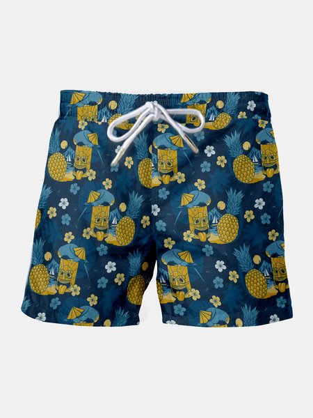 

Resort-Inspired Hawaiian Cropped Beach Shorts With Floral And Indigenous Motifs With Side Pockets, Multicolor, Men's shorts