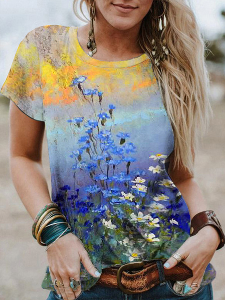 

Vacation Floral Crew Neck Shirts & Tops, Multicolor, Tops