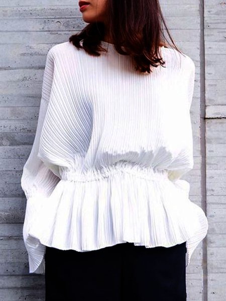 

Long Sleeve Plain Casual Daily Loosen Top, White, Tops
