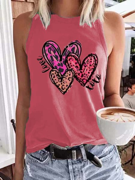 

Casual Crew Neck Leopard Love Vests, Deep pink, Tanks & Camis