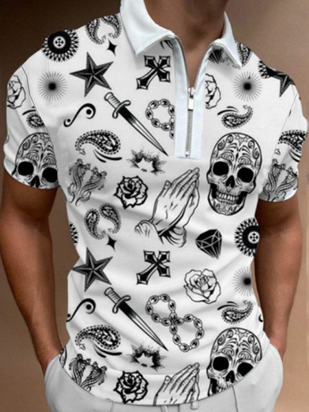 

Men's Skull Pattern Casual Polo, Black-white, polo