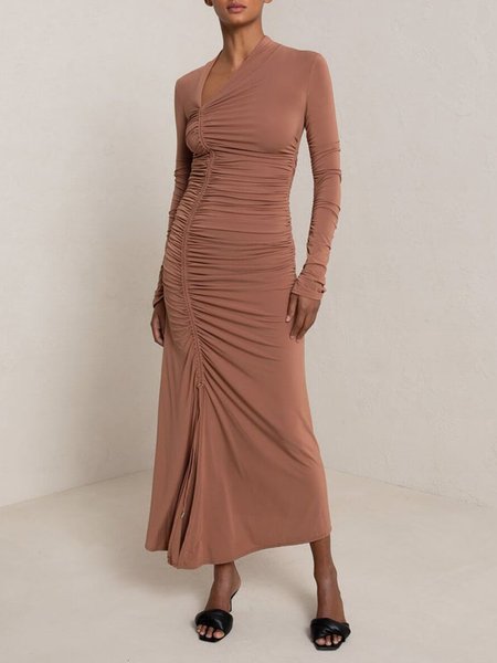 

Solid Skinny Elegant Long Sleeve Maxi Dress, Apricot, Maxi Dresses