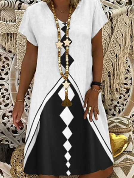 

V Neck Geometric Short sleeve Woven Dress, White, Mini Dresses