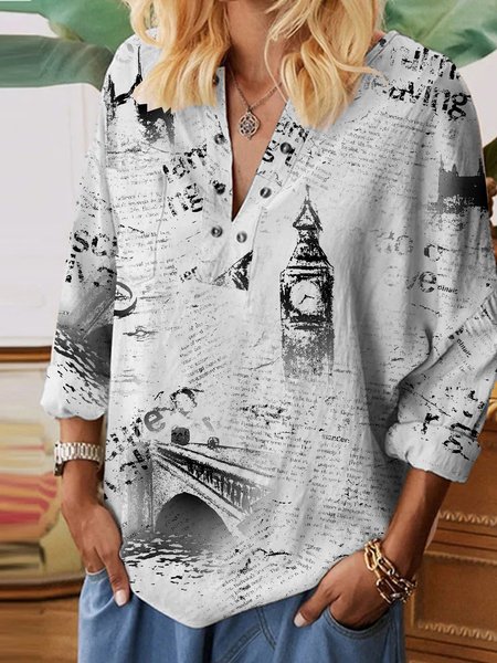 

Letter Clock Tower Retro Print Spring Casual Loose Ladies Top, Multicolor, Blouses & Shirts