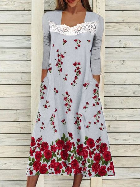 

Lace Floral Printed Casual Square Neck Pockets A-line Dresses, Gray, Midi Dresses