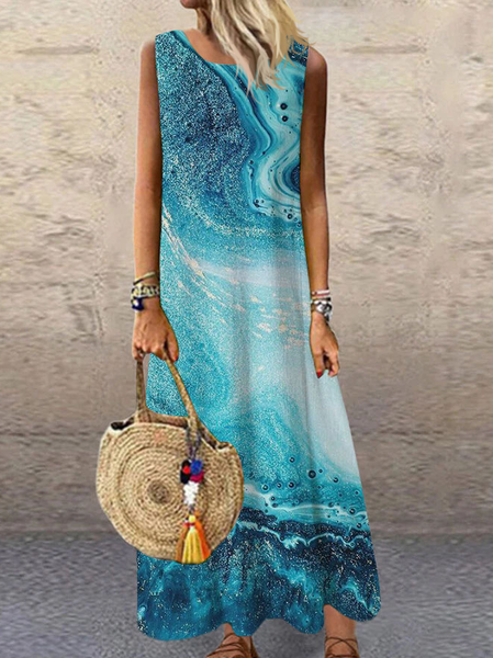 

Casual Loosen Sea Short sleeve Woven Dress, Blue, Maxi Dresses
