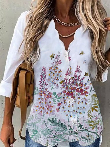 

Floral Loosen V Neck Buttoned Boho Shirts & Tops, Flower, Blouses & Shirts