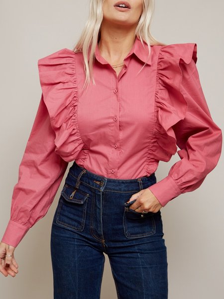 

Shirt Collar Regular Fit Solid Shirt, Pink, Blouses and Shirts