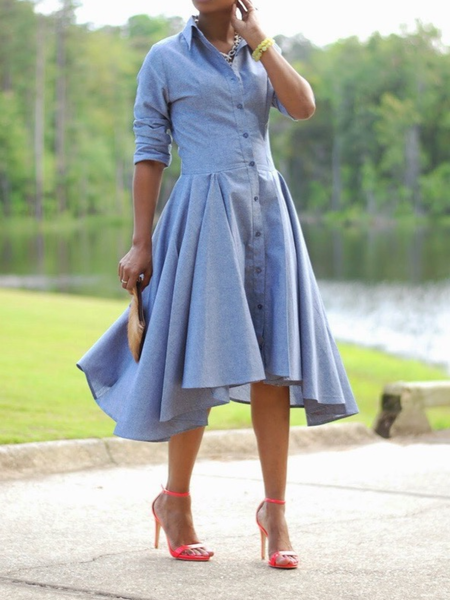 Spring A-line Shirt Collar Daily Lightweight Non-Stretch Dresses, Denim blue, Midi Dresses