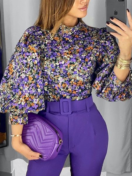

Elegant Floral High Neck Regular Fit Top, Purple, Tops