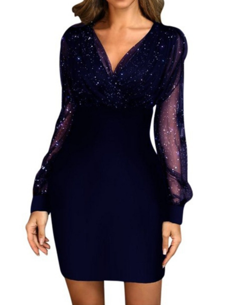 Sottile In forma Sexy Scollo a V Abito, Blu, Mini Dresses