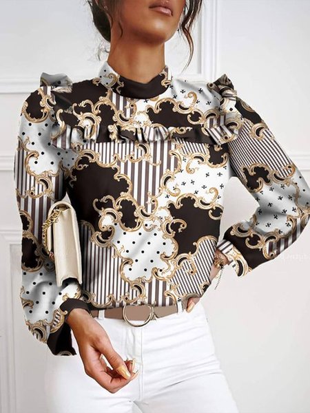 

Elegant Printed Stand Collar Long Sleeve Top, White, Blouses and Shirts