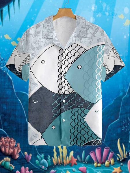 

Vacation Leisure Marine Element Fish Pattern Hawaiian Style Printed Shirt Top, As picture, Men's Floral shirt