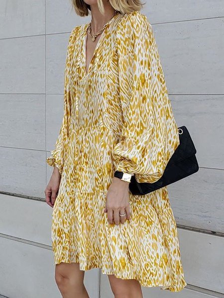 

Vacation V Neck Printed Long Sleeve Dress, Yellow, Mini Dresses