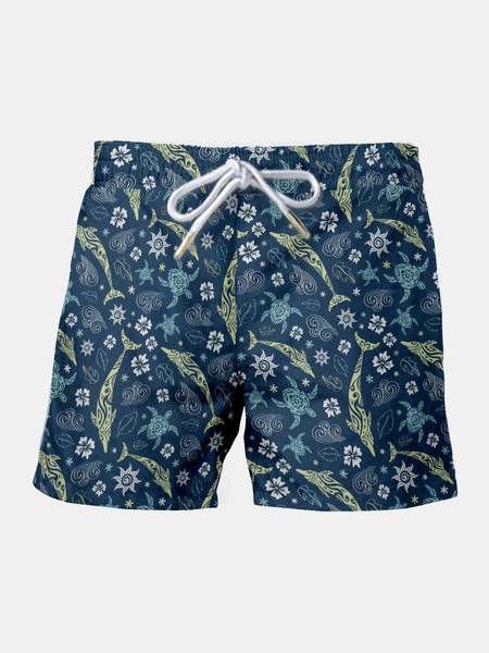 

Resort-Inspired Hawaiian Collection Floral And Marine Pattern Elements Side Pockets Cropped Drawstring Print Beach Pants, Multicolor, Men's shorts