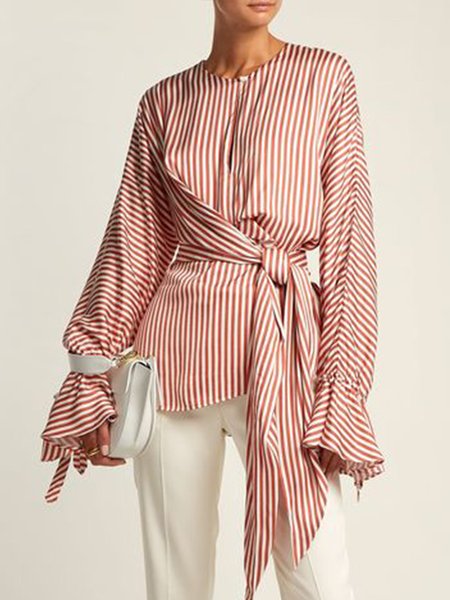 

Elegant Striped Crew Neck Lace-up Top, Red, Blouses and Shirts