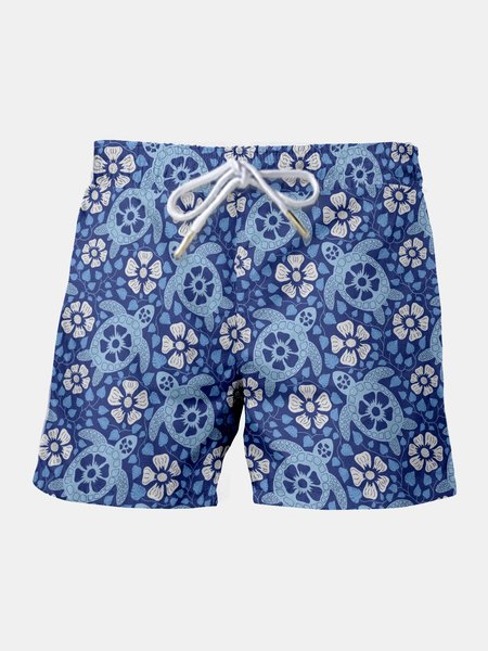 

Resort-Inspired Hawaiian Floral And Marine Cropped Side Pocket Shorts With Drawstring Print, Blue, Men's shorts