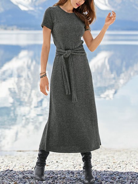 

Crew Neck Loosen Plain Dresses, Gray, Casual Dresses
