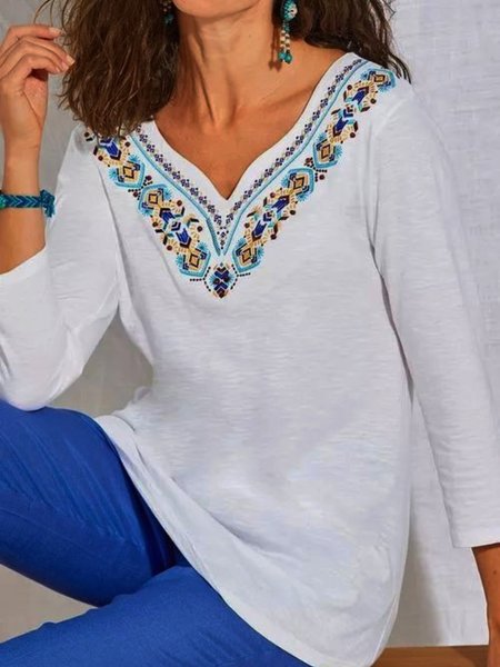 

Cotton Blends V Neck Embroidered Shirts & Tops, White, T-Shirts