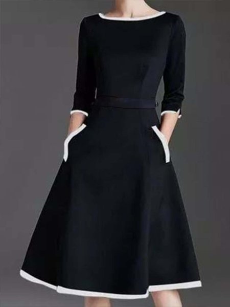 

Plain Regular Fit Elegant Midi Dress, Black, Midi Dresses