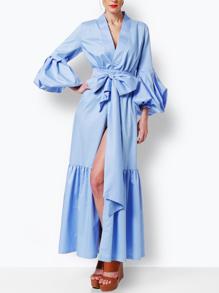 

Spring V neckLong sleeve Loosen Elegant Daily Lightweight Dresses, Blue, Maxi Dresses