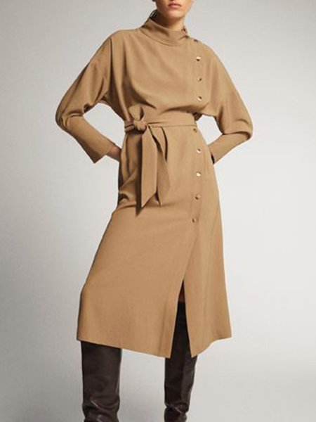 

Daily Long Sleeve Solid Loosen Midi Dress, Khaki, Midi Dresses