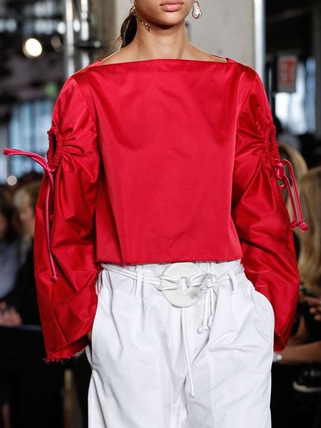 

Long sleeve Daily Satin Plain Elegant Top, Red, Tops