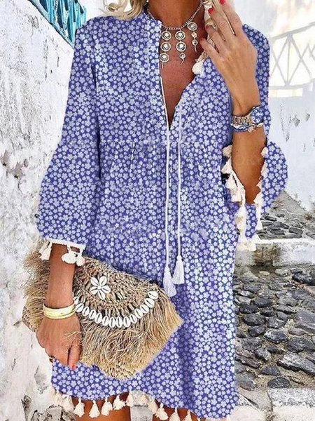 

Romantic V Neck Floral Flare Sleeve Loosen Vacation Dresses, Flower, Mini Dresses