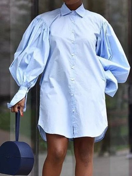 

Solid Long Sleeve Shirt Collar Chic Dress, Blue, Mini Dresses