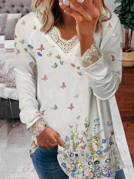 

Butterfly Raglan Sleeve V Neck Casual Cotton Blends Loosen tunic tops Shirts & Tops, White, T-Shirts