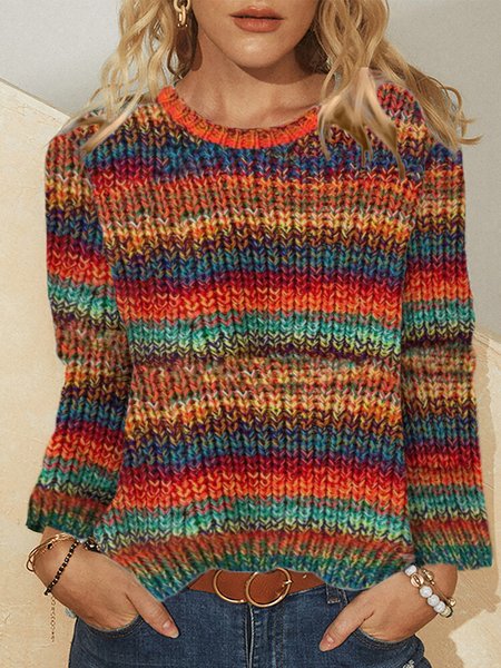 

Casual Acrylic Crew Neck striped color block Sweater, Multicolor, Knitwear & Sweaters