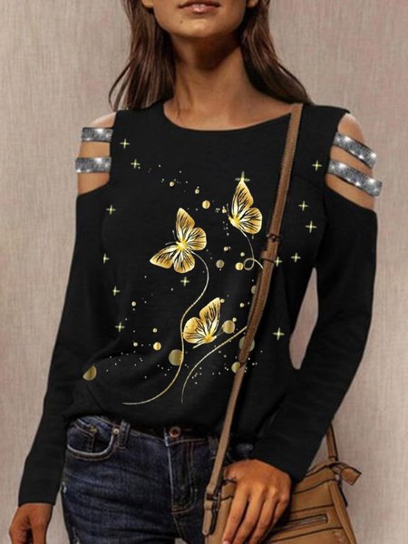 

Sequins Butterfly Printed Casual Loosen Shirts & Tops（Not sequins but prints）, Black, T-Shirts