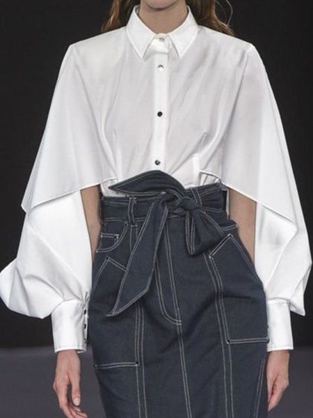

Long sleeve Daily Shirt Collar Elegant Plain Shirt, White, Blouses and Shirts