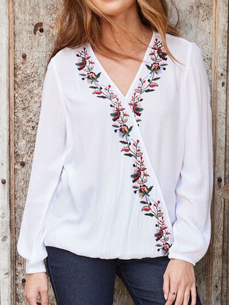 

Embroidery Floral V Neck Cotton Shirts & Tops, White, Tops