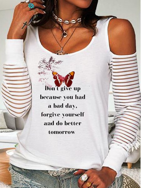 

Letter Loosen Casual Cotton Blends Crew Neck Hollow Out Shirts & Tops, White, T-Shirts