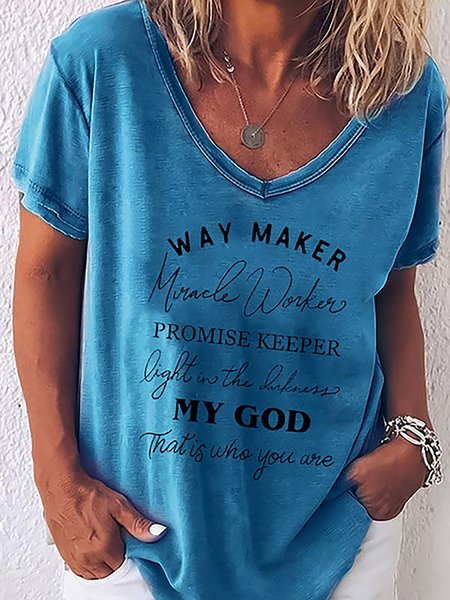 

Casual Letter Printed Short Sleeves V Neck T-Shirt T-shirt, Lake blue, T-Shirts