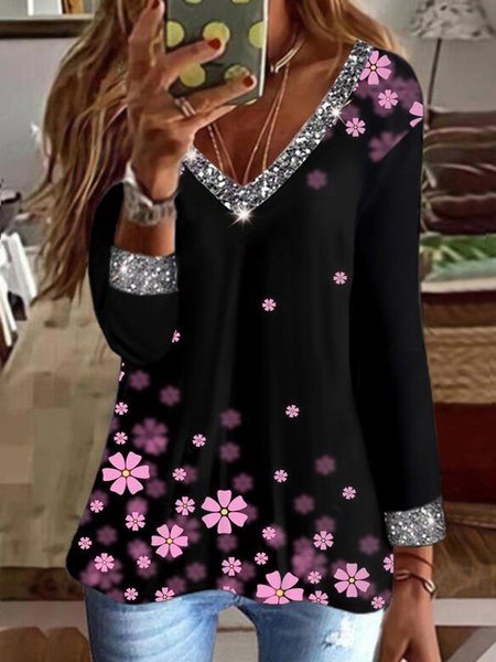 

Floral Printed Sequins V Neck Casual Shirts & Tops, Black, Tops