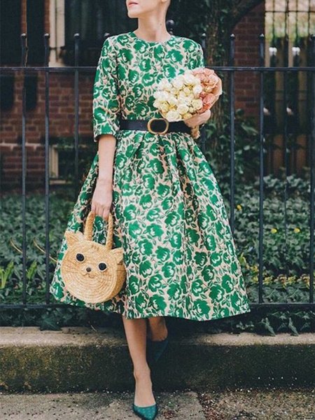 

Elegant Crew Neck Printed Half Sleeve Dresse, Green, Midi Dresses