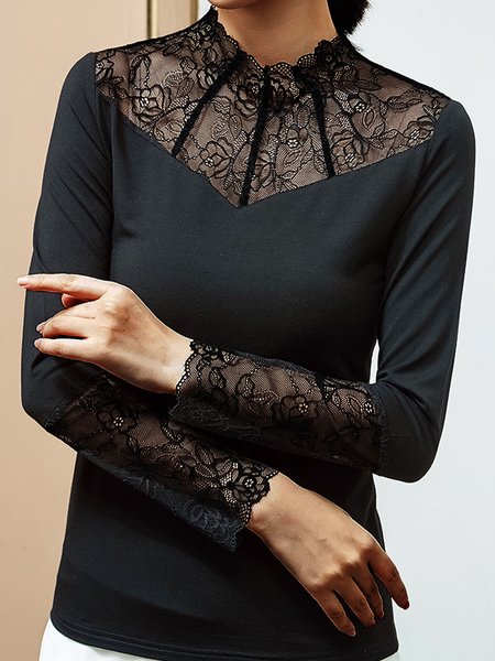 

Regular Fit Elegant Plain Long Sleeve Top, Black, Tees