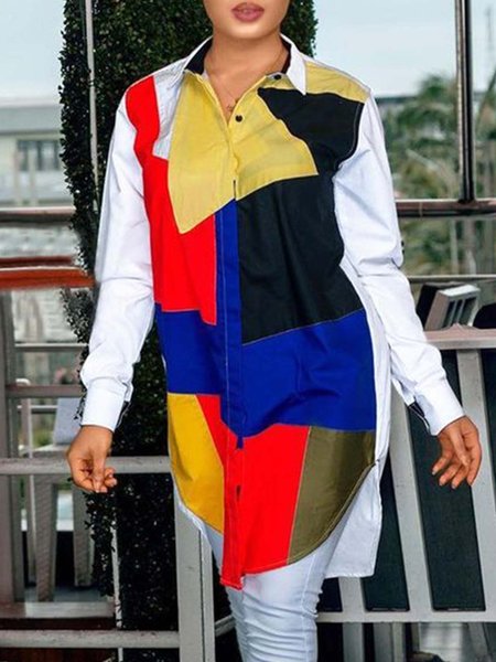 

Loosen Casual Geometric Daily Shirt Collar Top, Multicolor, Blouses and Shirts