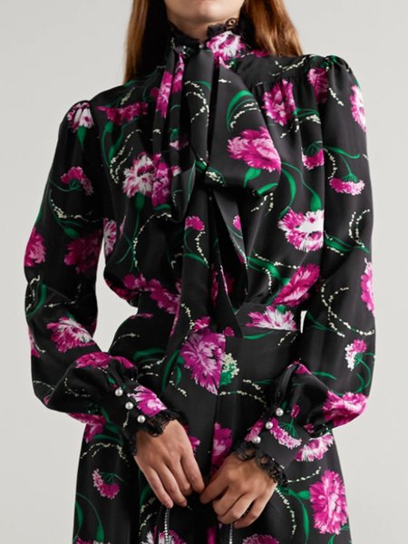 

Elegant Floral Long Sleeve Loosen Tie Neck Top, Black-purple, Tops