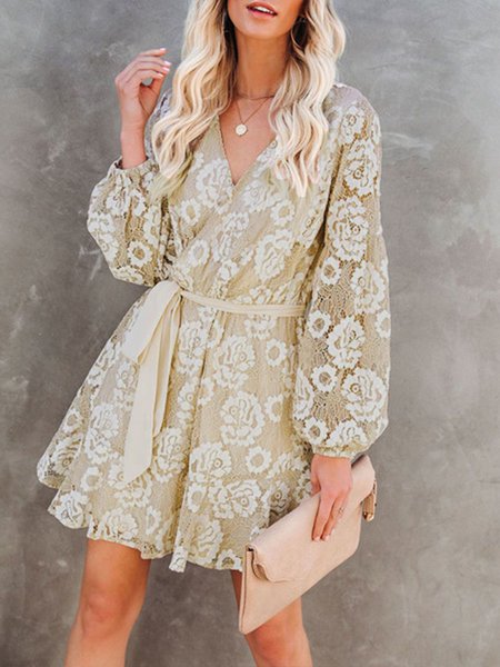 

Floral Elegant Bishop Sleeve V Neck Mini Dress, Apricot, Mini Dresses