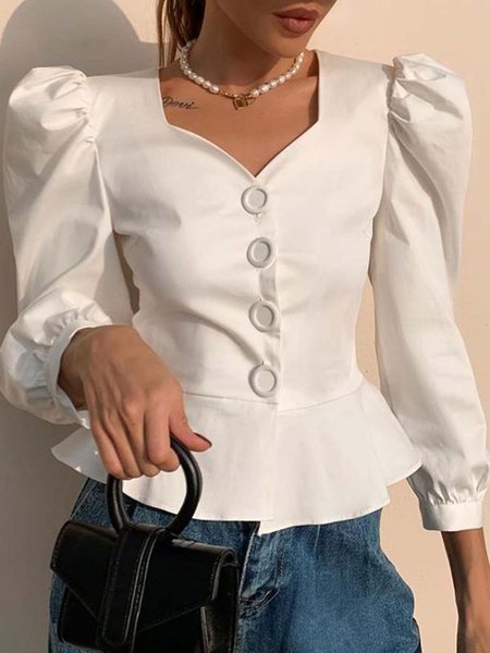 

Vintage Heart-Shaped Collar Plain Top, White, Blouses and Shirts